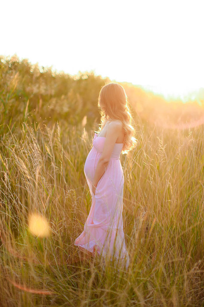 Femme enceinte debout dans les rayons du soleil avec fond de steppe, portant une robe rose
. - Photo, image