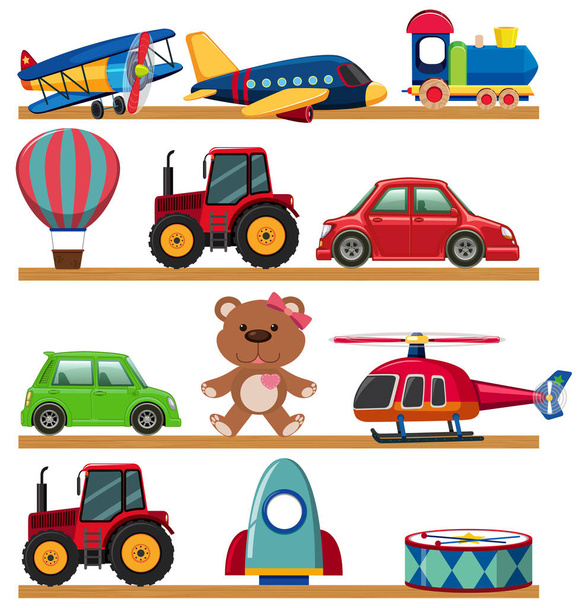 Jonge kinderen speelgoed op plank illustratie - Vector, afbeelding