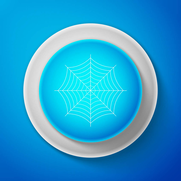 Witte Spider web pictogram geïsoleerd op blauwe achtergrond. Raagbol teken. Cirkel blauwe knop met witte lijn. Vectorillustratie - Vector, afbeelding