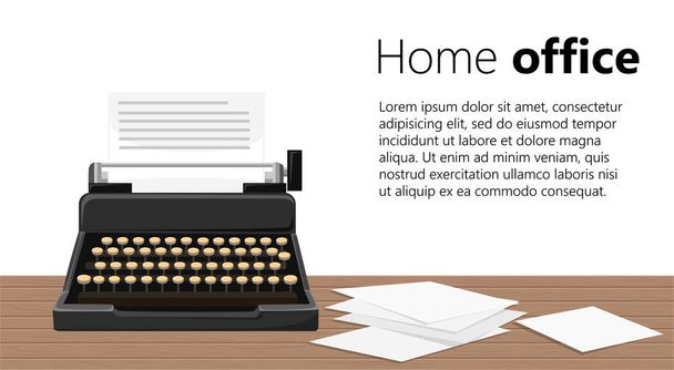 Kirjoituskoneen kuvitus. Musta retro kirjoituskone paperiarkkeja puupöydällä. Vektorikuvitus valkoisella taustalla. Paikka tekstillesi
. - Vektori, kuva
