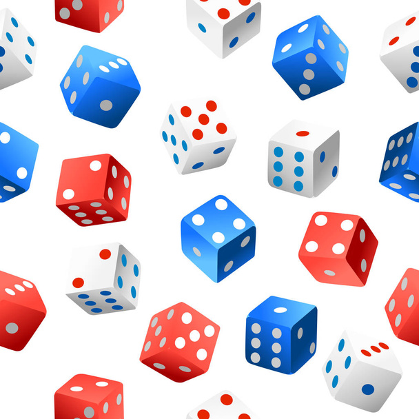 Vzor bezešvé. Vektorové kolekce kostky casino autentické ikon. Červené, modré a bílé poker kostky. Několik pozic. Vektorové ilustrace na bílém pozadí. - Vektor, obrázek