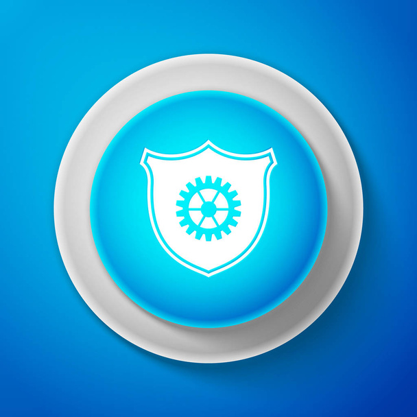 White Shield with gear icon isolated on blue background. Circle blue button with white line. Vector Illustration - Wektor, obraz