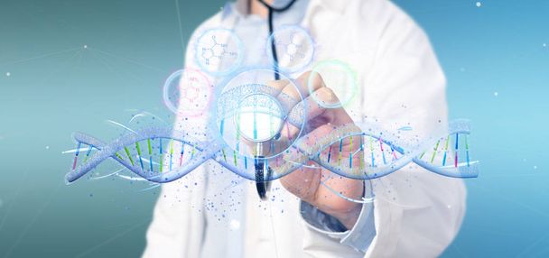Doctor in white gown holding 3d render of DNA - 写真・画像