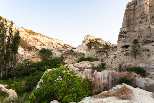 Travel to Turkey - overgrown rocks in gorge near Goreme town in Cappadocia in spring - Foto, imagen