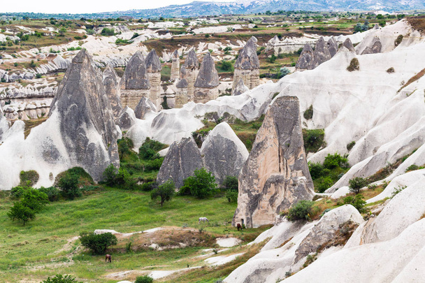 Travel to Turkey - fairy chimney rocks and rock-cut houses in Goreme National Park in Cappadocia in spring - Photo, Image