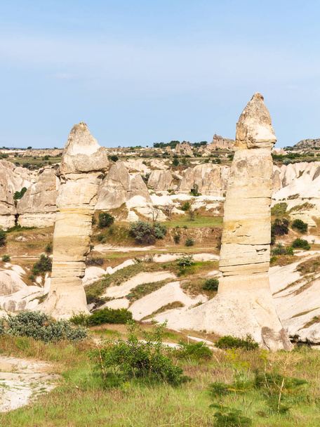 Travel to Turkey - old fairy chimney rocks in mountains of Goreme National Park in Cappadocia in spring - Photo, image