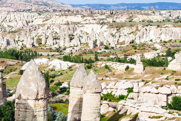 Travel to Turkey - above view of fairy chimney rocks in mountain valley of Goreme National Park in Cappadocia in spring - Photo, Image