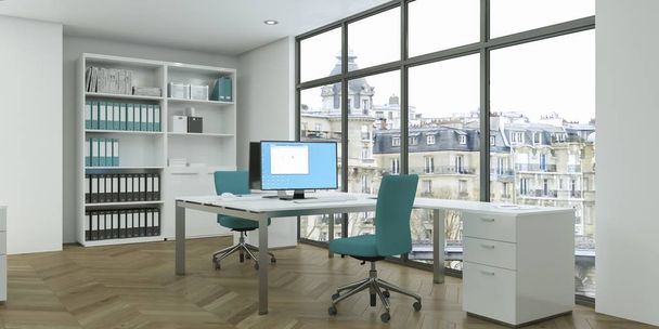 モダンな白いホーム オフィス インテリア デザイン 3 d レンダリング - 写真・画像