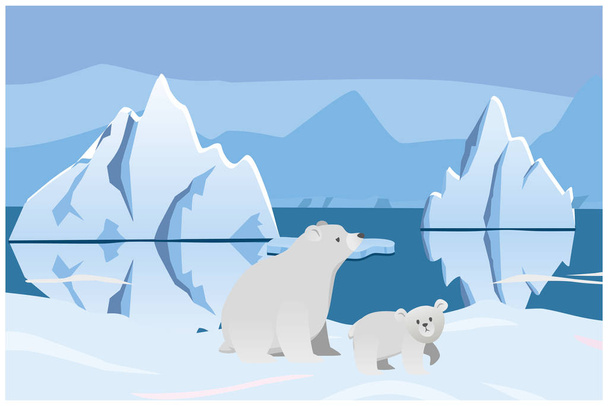 Kutup ayısı ve ayı. Kutup manzara ile buzdağları. 2D çizim vektör - Vektör, Görsel