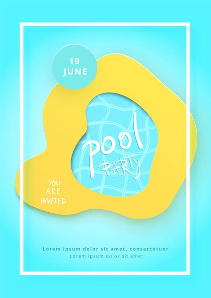 Pool Party flyer. Paper cut effect banner with frame and handwritten text. Vertical  template for summer holiday design. Vector illustration. - Vecteur, image