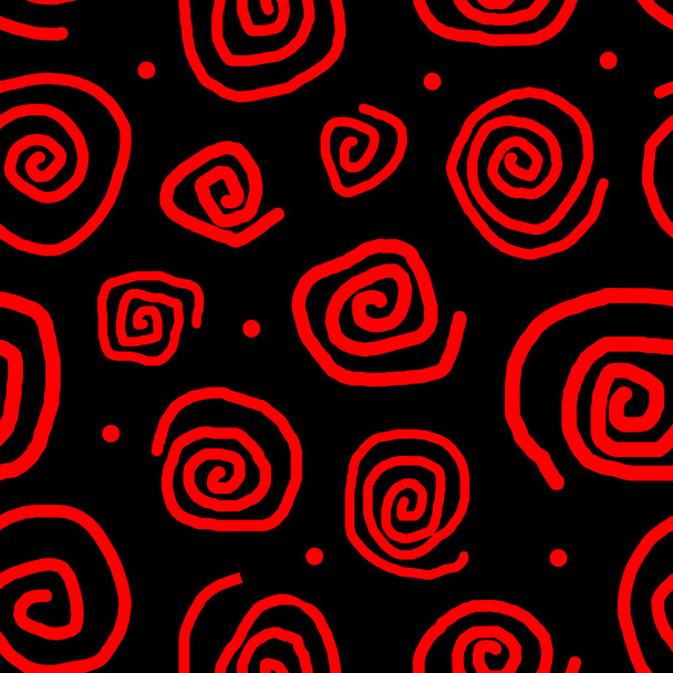 Seamless pattern. Uneven red spirals on a black background. - Vector, afbeelding