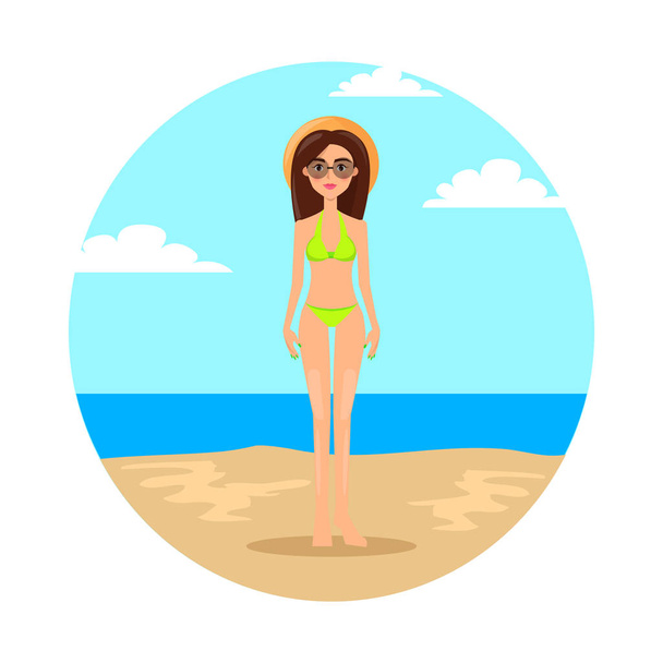 Girl in Green Bikini and Straw Hat Stands on Beach - Vettoriali, immagini
