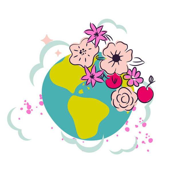 Cartoon earth with flower crown decor clipart vector. - Vector, Image