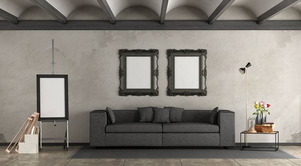 Retro woonkamer met moderne Bank en ezel met leeg frame - 3d rendering - Foto, afbeelding