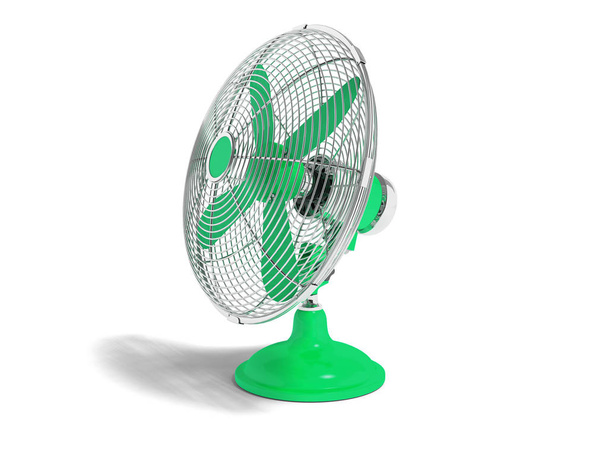 Современный зеленый вентилятор на столе для охлаждения комнаты справа на 3d рендерировать не белый фон с тенью
 - Фото, изображение