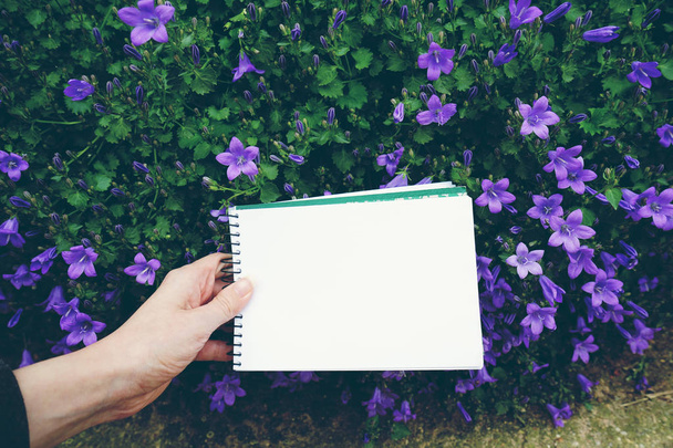 female hand holding notebook on purple flowers with green leaves background outdoor - Valokuva, kuva