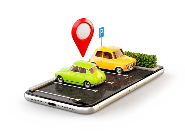 Geïsoleerd van ongebruikelijke 3d illustratie os smartphone applicatie voor het online zoeken gratis parkeerplaats op de kaart. GPS-navigatie. Parkeren en auto delen concept - Foto, afbeelding