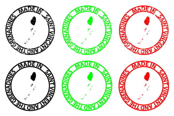 Hecho en San Vicente y las Granadinas - sello de goma - vector, patrón de mapa de San Vicente y las Granadinas - negro, verde y rojo
 - Vector, Imagen