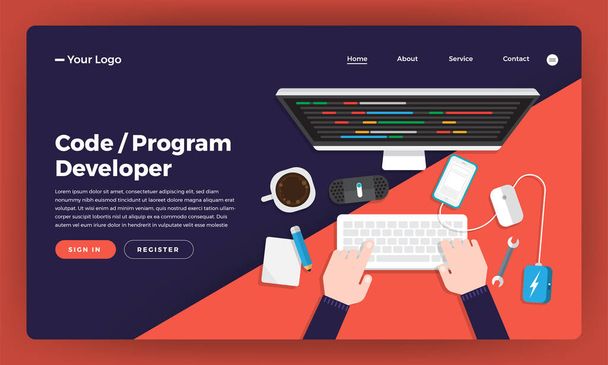 Mock-up design sito web design piatto concetto di codifica e programmazione sviluppatore. Illustrazione vettoriale
. - Vettoriali, immagini