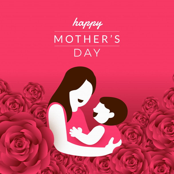 glücklicher Muttertag Layout-Design mit Rosen, Schriftzug, Papierschnitt und Textur Hintergrund. Vektorillustration. - Vektor, Bild