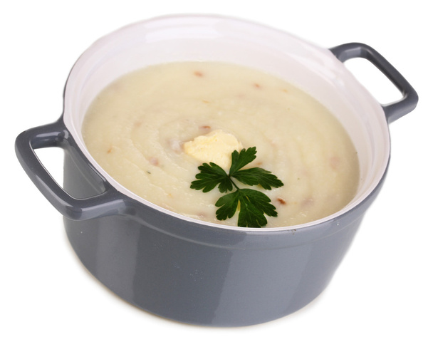 Mashed potatoes in saucepan isolated on white - Zdjęcie, obraz