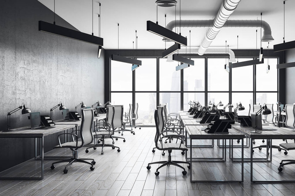 Contemporary coworking office interior with furniture and equipment. Workplace and design concept. 3D Rendering  - 写真・画像