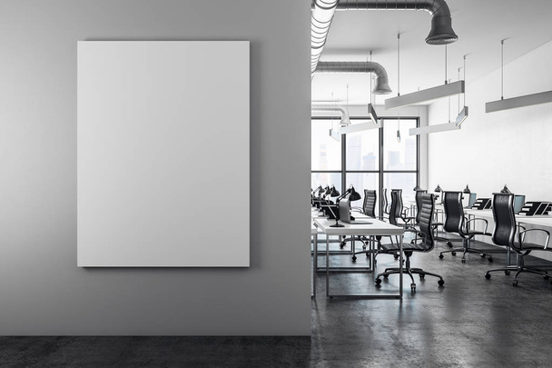 Modern coworking office interior with empty banner on concrete wall. Mock up, 3D Rendering  - 写真・画像