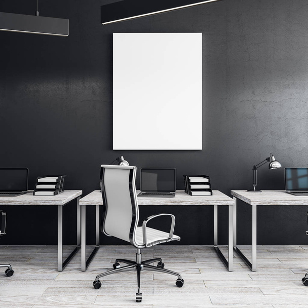 Modern office interior with workspace and empty billboard on wall. Mock up, 3D Rendering  - Fotoğraf, Görsel