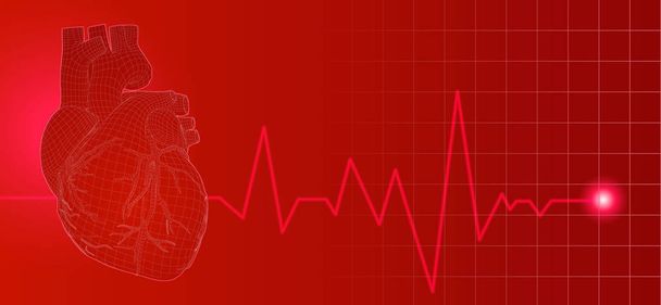3D tel kafes kırmızı insan kalp illüstrasyon kalp hızı darbe ile koyu arka plan üzerinde beat - Vektör, Görsel