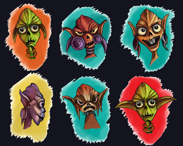 Set von Symbolen, niedlichen Cartoon 6 Monster vor Ort mit positiven Emotionen Gesichter - Vektor, Bild