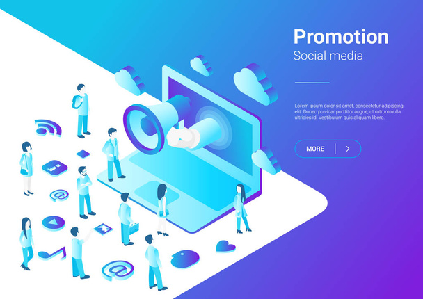 Isometric Flat Loudspeaker Megaphone from Laptop talking to Crowd of People vector illustration. Notebook Advertisement Promo Marketing Concept ultraviolet style - ベクター画像