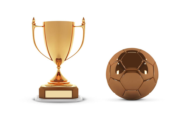 Realistic golden trophy Cup with gold ball. Winner Cup and football ball. Shiny golden 3d trophy awards on wooden shelf with soccer ball. Vector Illustration - Vecteur, image