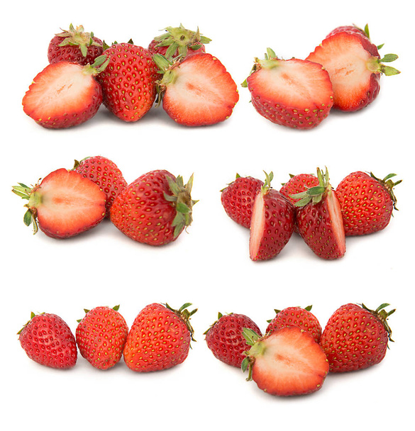 veel verschillende sets van aardbeien op witte achtergrond, isoleren met aardbeien, een stuk anders op één blad. geen achtergrond - Foto, afbeelding