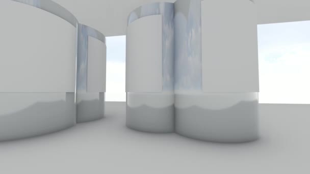 広々 としたインテリアの空白のスタンドが未来の白い色に飛ぶ。3 d アニメーション - 映像、動画