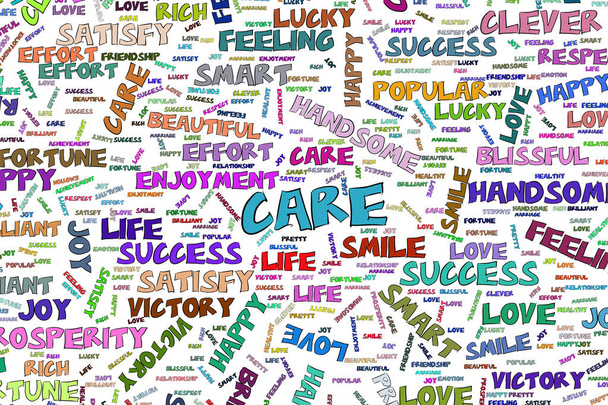 Care, abstract positive emotion word cloud illustrations background. Vector graphic. - Vector, Image
