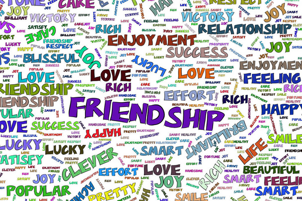 Freundschaft, abstrakte positive Emotionen Wort Wolke Illustrationen Hintergrund. Vektorgrafik. - Vektor, Bild