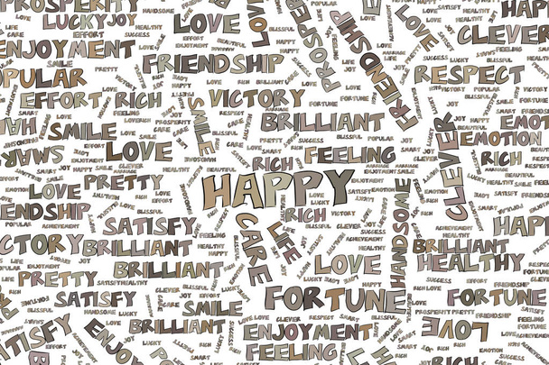幸せな、肯定的な感情のイラスト単語雲。Web ページ、壁紙、グラフィック デザイン、カタログ、テクスチャや背景に適しています。ベクター グラフィック. - ベクター画像