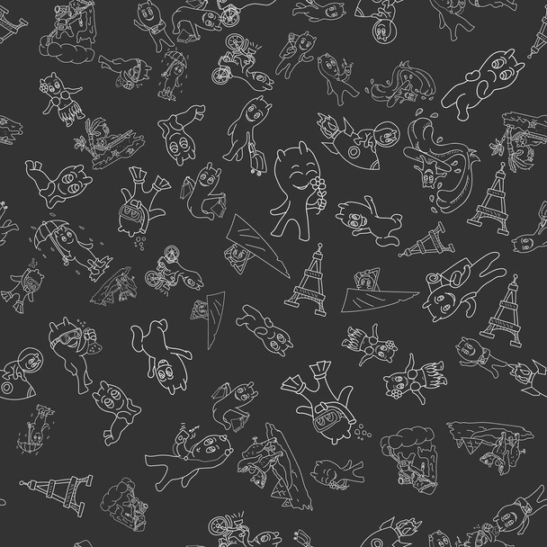 vector seamless pattern contour illustration Doodle funny little men in the style of Chibi with horns in a variety of situations background is isolated - Vector, Image