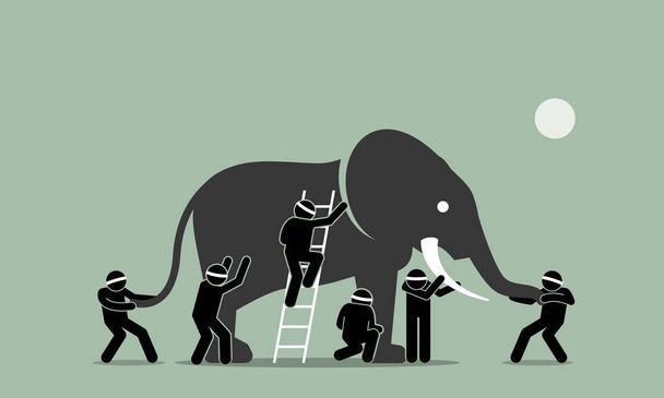 Blinde Männer berühren einen Elefanten. Vektor Artwork Illustration stellt das Konzept der Wahrnehmung, Ideen, Standpunkt, Eindruck und Meinungen verschiedener Menschen in unterschiedlichen Standpunkten dar..  - Vektor, Bild