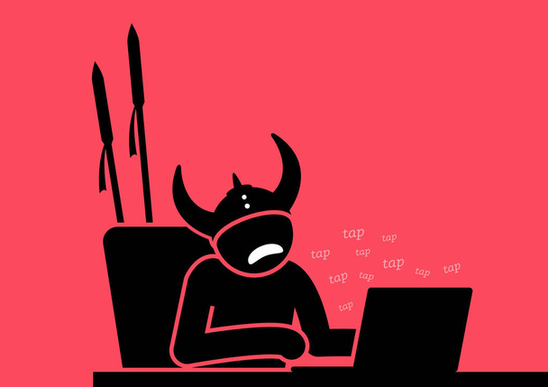 Internet keyboard warrior. Vector artwork illustration depicts the concept of online sedition, Internet troll, incitement, troublemaker, coward, lies, provocation, and slander.  - Vector, Image