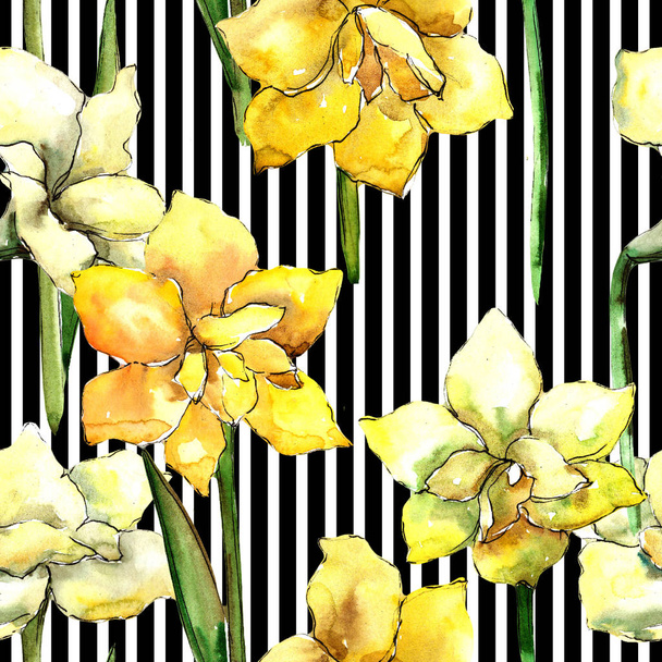 Yellow amaryllis. Seamless background pattern. Fabric wallpaper print texture. Aquarelle wildflower for background, texture, wrapper pattern, frame or border. - Photo, Image