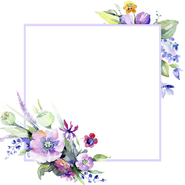 Kleurrijk boeket. Floral botanische bloem. Frame grens ornament vierkant. Aquarelle wildflower voor achtergrond, textuur, wrapper patroon, frame of rand. - Foto, afbeelding