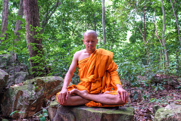 Boeddha-monnik meditatie in diepe vrede bos, religie concept maken - Foto, afbeelding