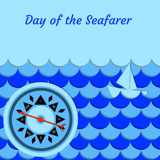 Dag van de zeevarende. 25 juni. Concept van vakantie. Gestileerde cartoon zee, schip, golven en whale staart kompas - Vector, afbeelding