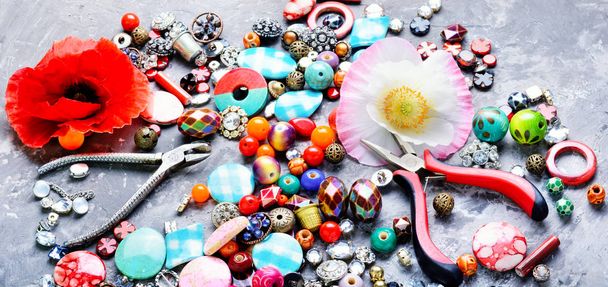 Huge collection of women's trinkets, beads, jewelry, rhinestones and bijouterie - Photo, Image