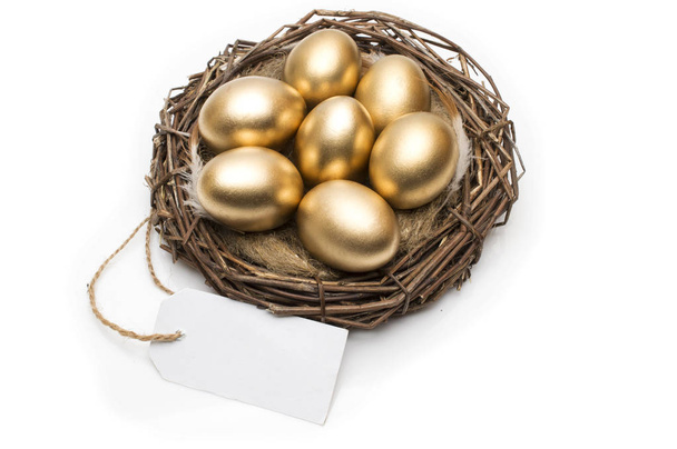 Nest with golden eggs with a tag and place for text on a white background. The concept of successful retirement - Фото, зображення
