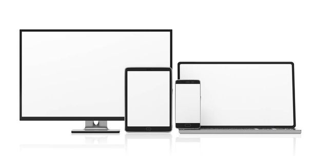 Σύνολο ρεαλιστική κενές οθόνες, ευέλικτη σχεδίαση. Οθόνη του υπολογιστή, φορητό υπολογιστή, tablet και το smartphone που απομονώνονται σε λευκό φόντο, αντίγραφο χώρου. 3D απεικόνιση - Φωτογραφία, εικόνα