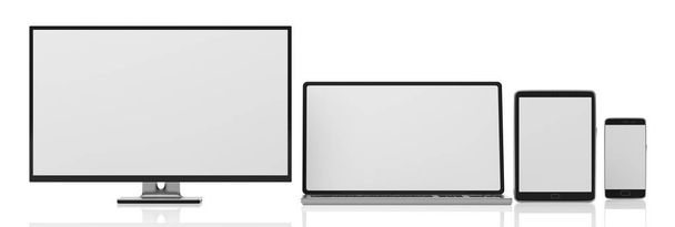 Set di monitor vuoti realistici, design reattivo. Monitor per computer, laptop, tablet e smartphone isolati su sfondo bianco, spazio di copia. Illustrazione 3d
 - Foto, immagini