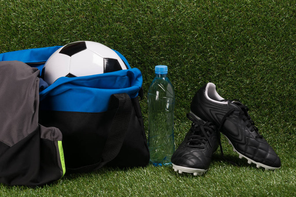 things for soccer training on a green lawn background - Foto, Imagen
