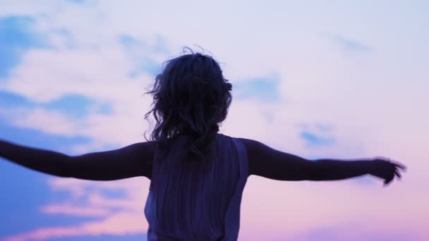 Blonde vrouw verhogen handen kijken naar sky, gevoel van vrijheid, succes, dreams - Video